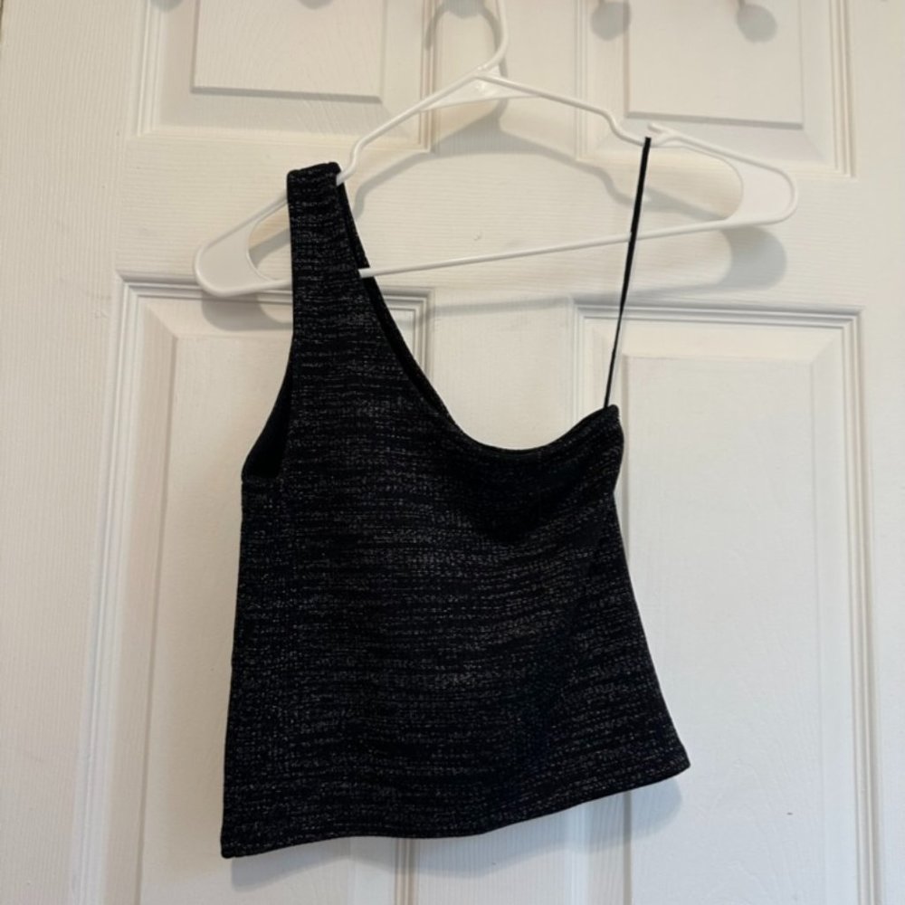 American Eagle Small One Shoulder Black/Silver Glittery Party Top